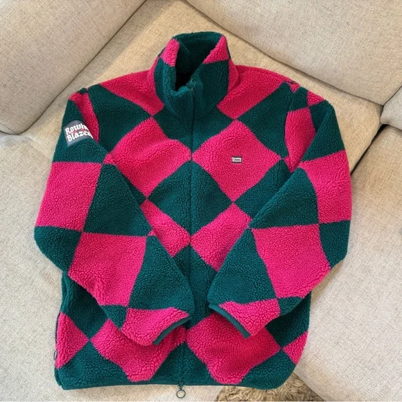 Rowing Blazers- Harlequin Deep-Pile Sherpa “Jockey” Fleece in Pink/Green - Picture 2 of 6